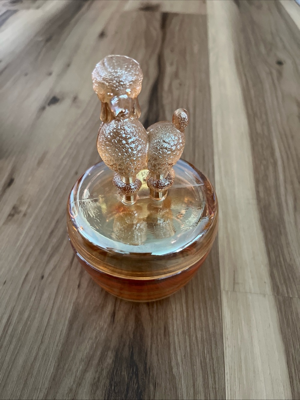 Jeannette Carnival Glass Iridescent Poodle Dog Powder Jar Trinket Dish